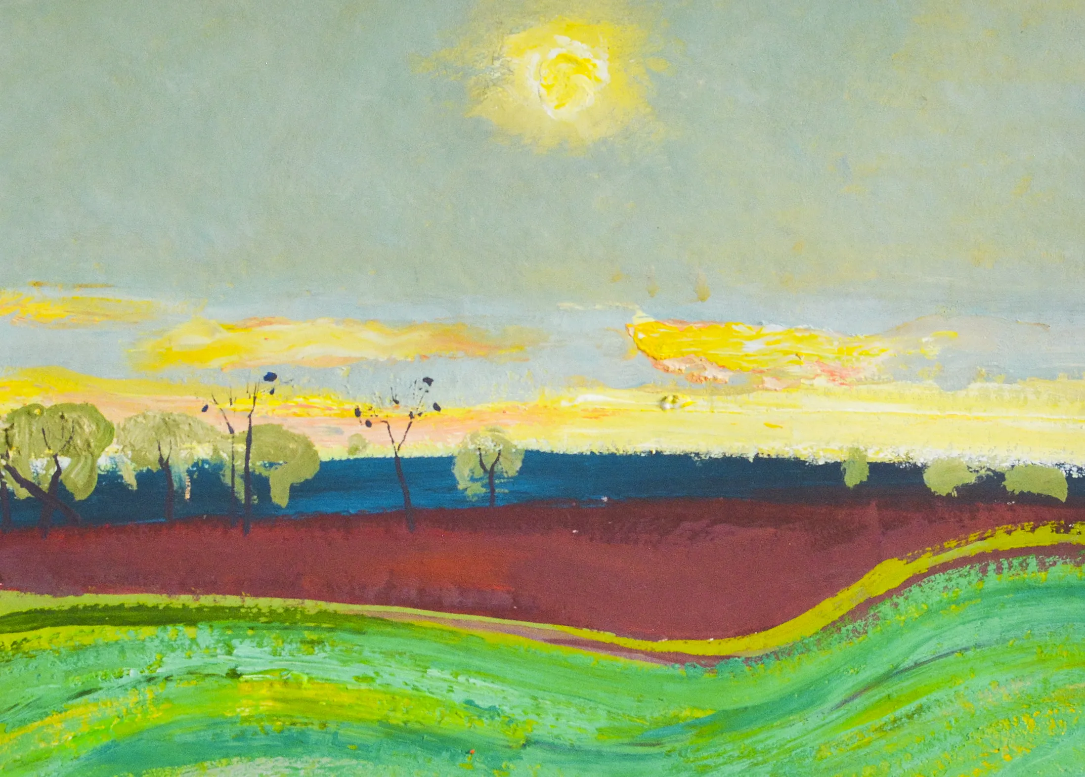 Image of Sunset on the field by Igor Nekraha, size: 20x30, made of Gouache on paper, Graphics medium, priced at $350 Photo 2 of 4.